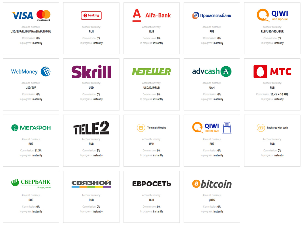 Deposit methods for PariMatch users.