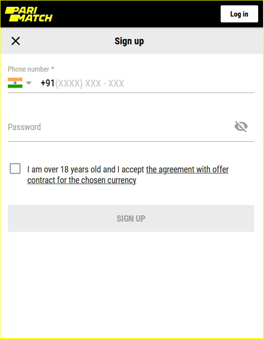 Registration on PariMatch mobile app.